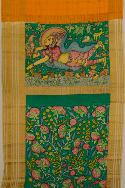 Georgette Checks Mustard Yellow Saree With Kalamkari Pallu