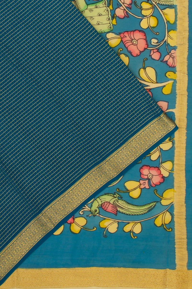 Georgette Checks Blue Saree With Kalamkari Pallu