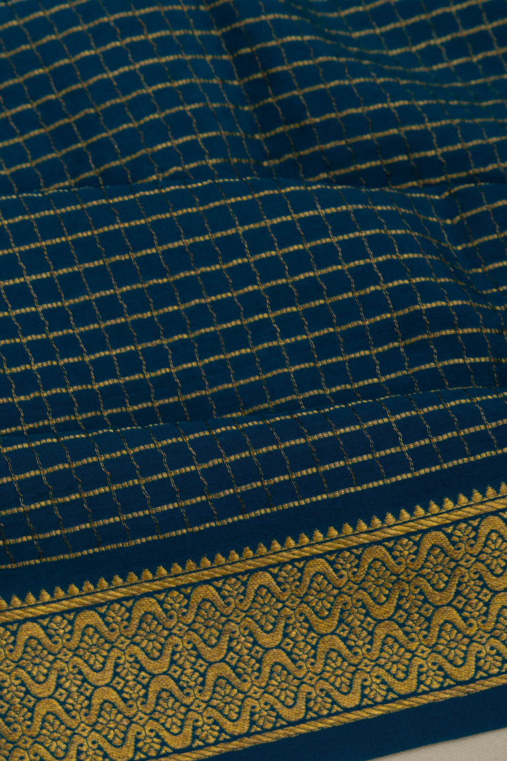 Georgette Checks Blue Saree With Kalamkari Pallu