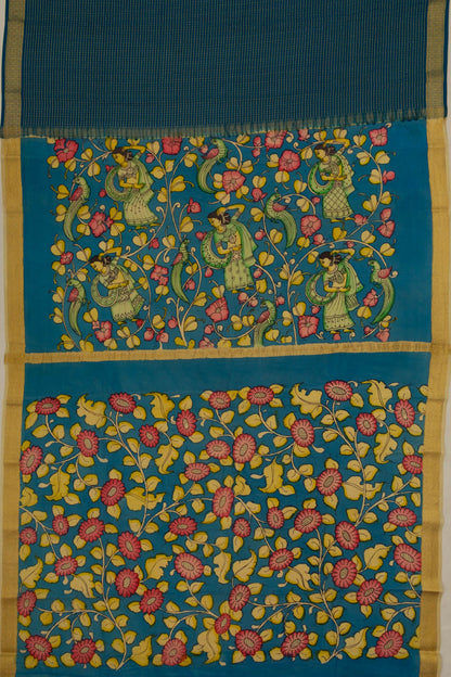 Georgette Checks Blue Saree With Kalamkari Pallu