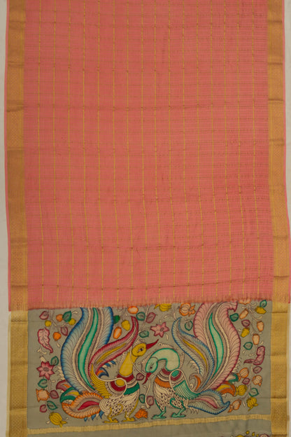 Georgette Checks Peach Saree With Kalamkari Pallu