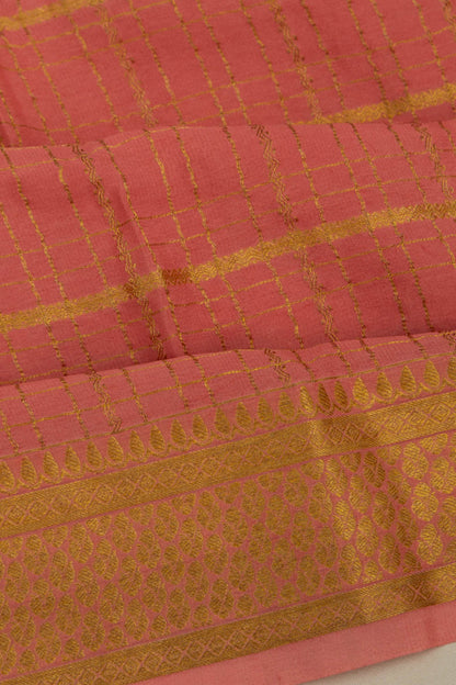 Georgette Checks Peach Saree With Kalamkari Pallu