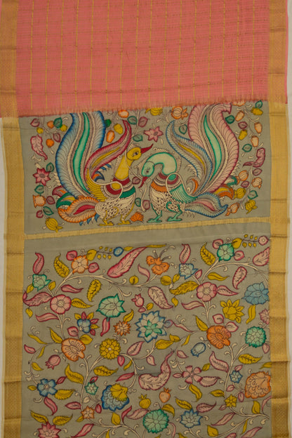 Georgette Checks Peach Saree With Kalamkari Pallu