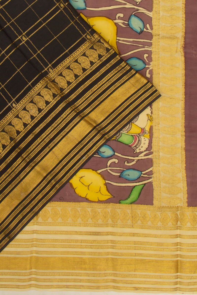 Georgette Checks Black Saree With Kalamkari Pallu