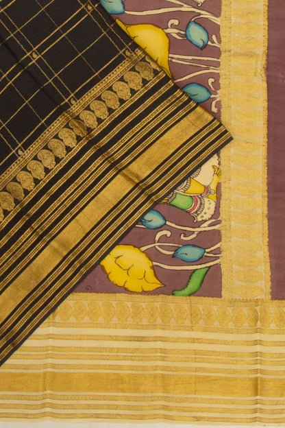 Georgette Checks Black Saree With Kalamkari Pallu