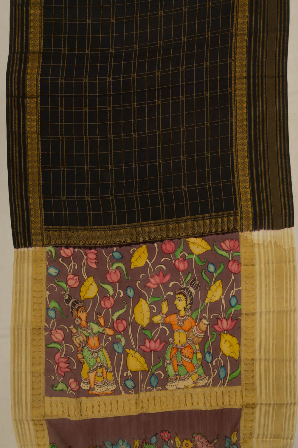 Georgette Checks Black Saree With Kalamkari Pallu