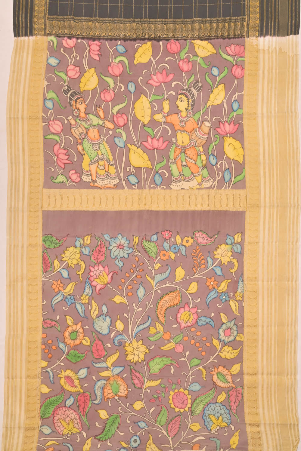 Georgette Checks Black Saree With Kalamkari Pallu