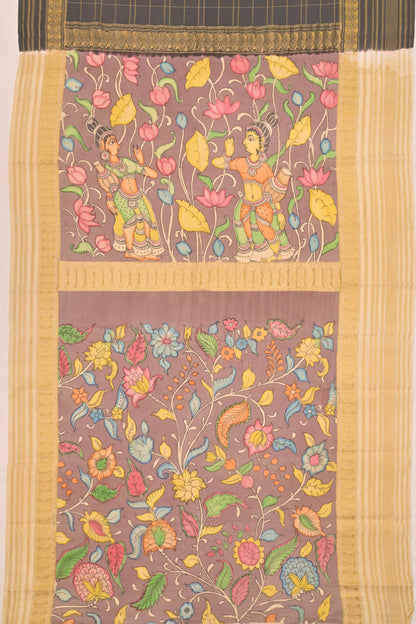 Georgette Checks Black Saree With Kalamkari Pallu