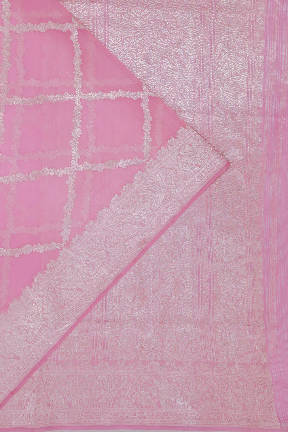 Banarasi Kora Organza Criss Cross Checks Baby Pink Saree