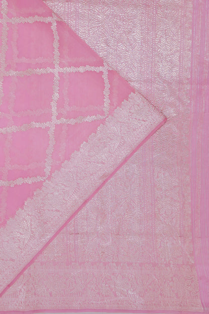 Banarasi Kora Organza Criss Cross Checks Baby Pink Saree