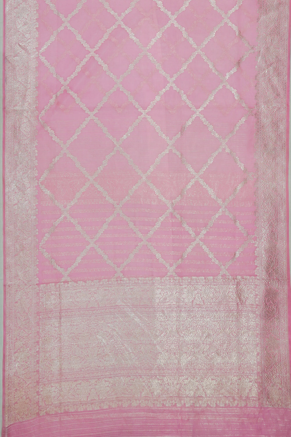 Banarasi Kora Organza Criss Cross Checks Baby Pink Saree