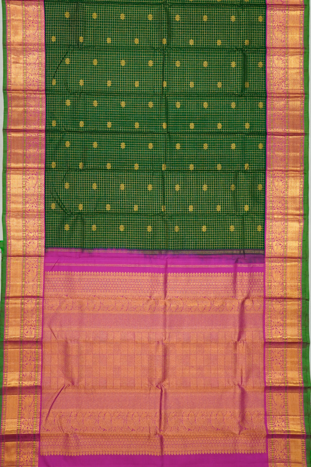 Kanchipuram Silk Checks And Butta Dark Green Saree