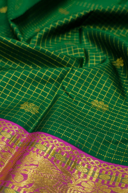 Kanchipuram Silk Checks And Butta Dark Green Saree