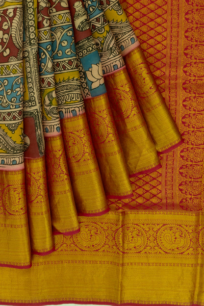 Kanchipuram Silk Kalamkari Handpainted Multicolor Saree