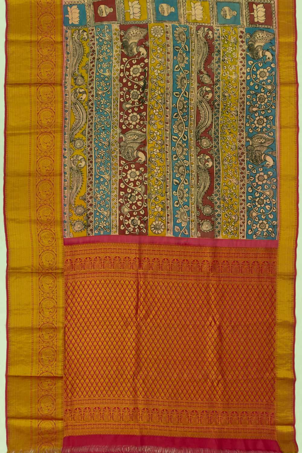 Kanchipuram Silk Kalamkari Handpainted Multicolor Saree