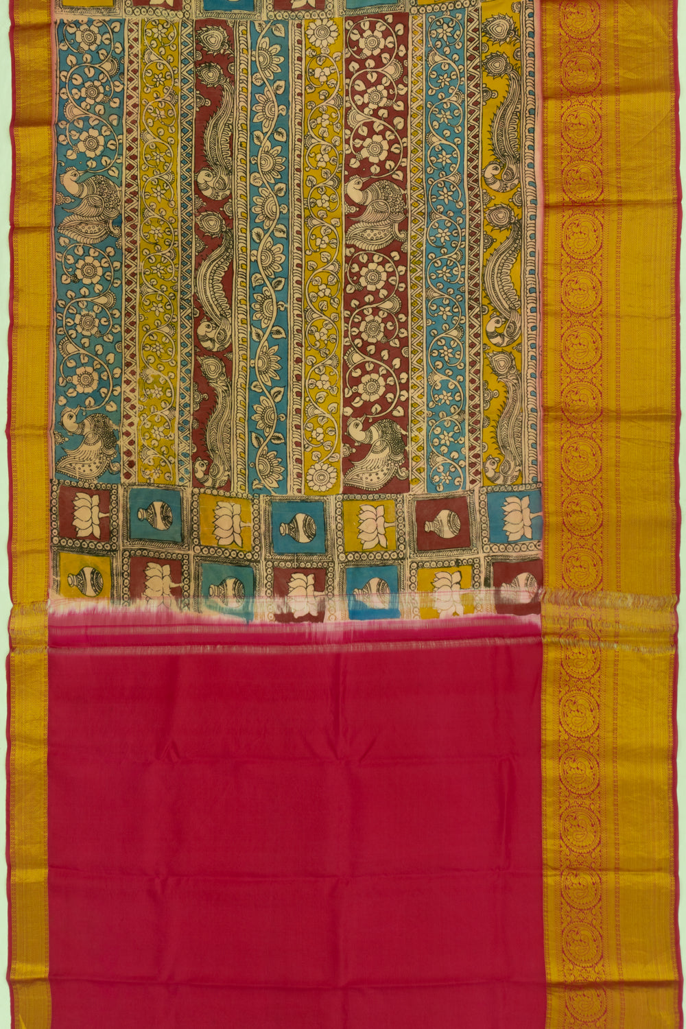 Kanchipuram Silk Kalamkari Handpainted Multicolor Saree
