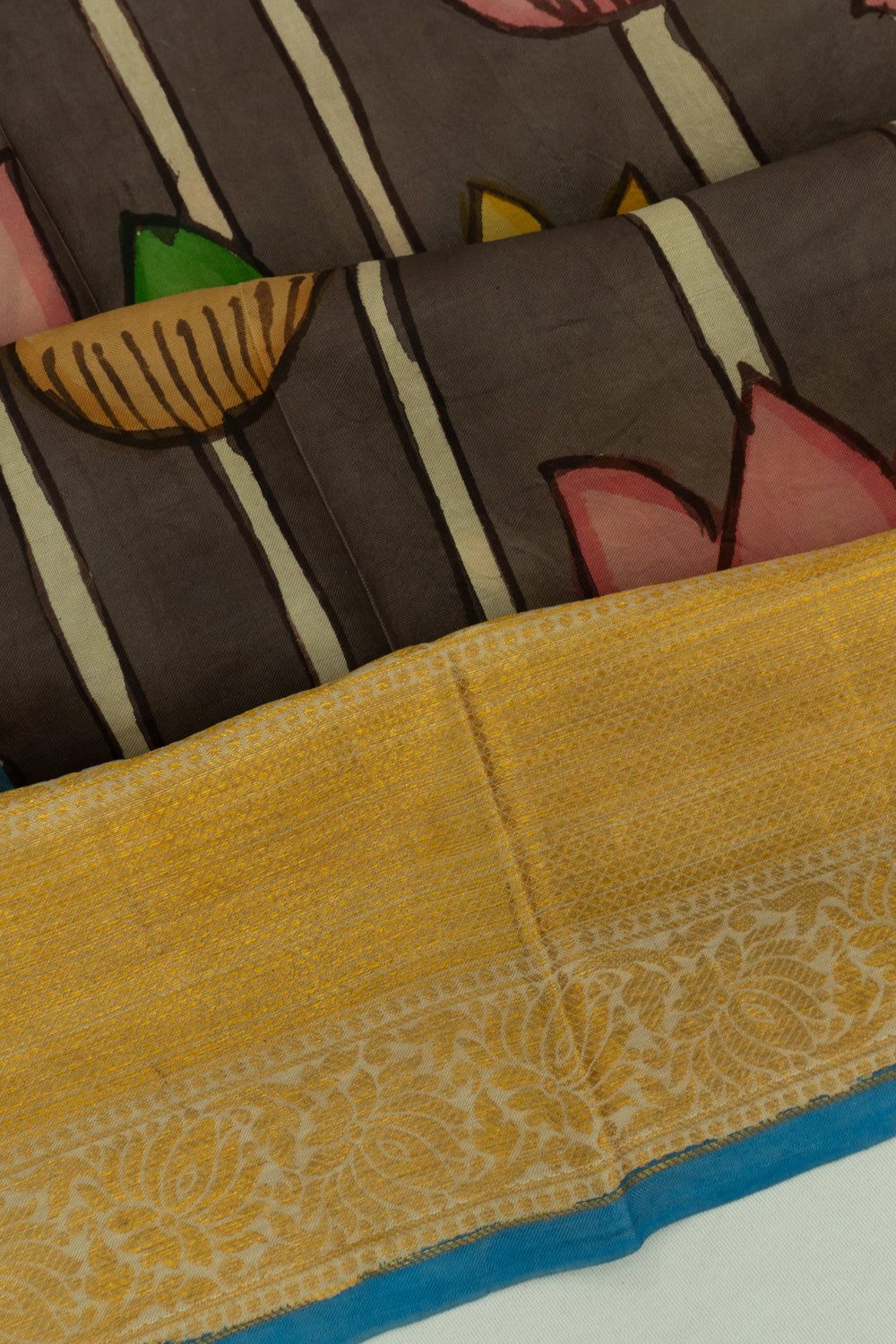 Kanchipuram Silk Kalamkari Handpainted Pastel Brown Saree