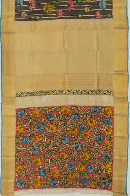 Kanchipuram Silk Kalamkari Handpainted Brown Saree