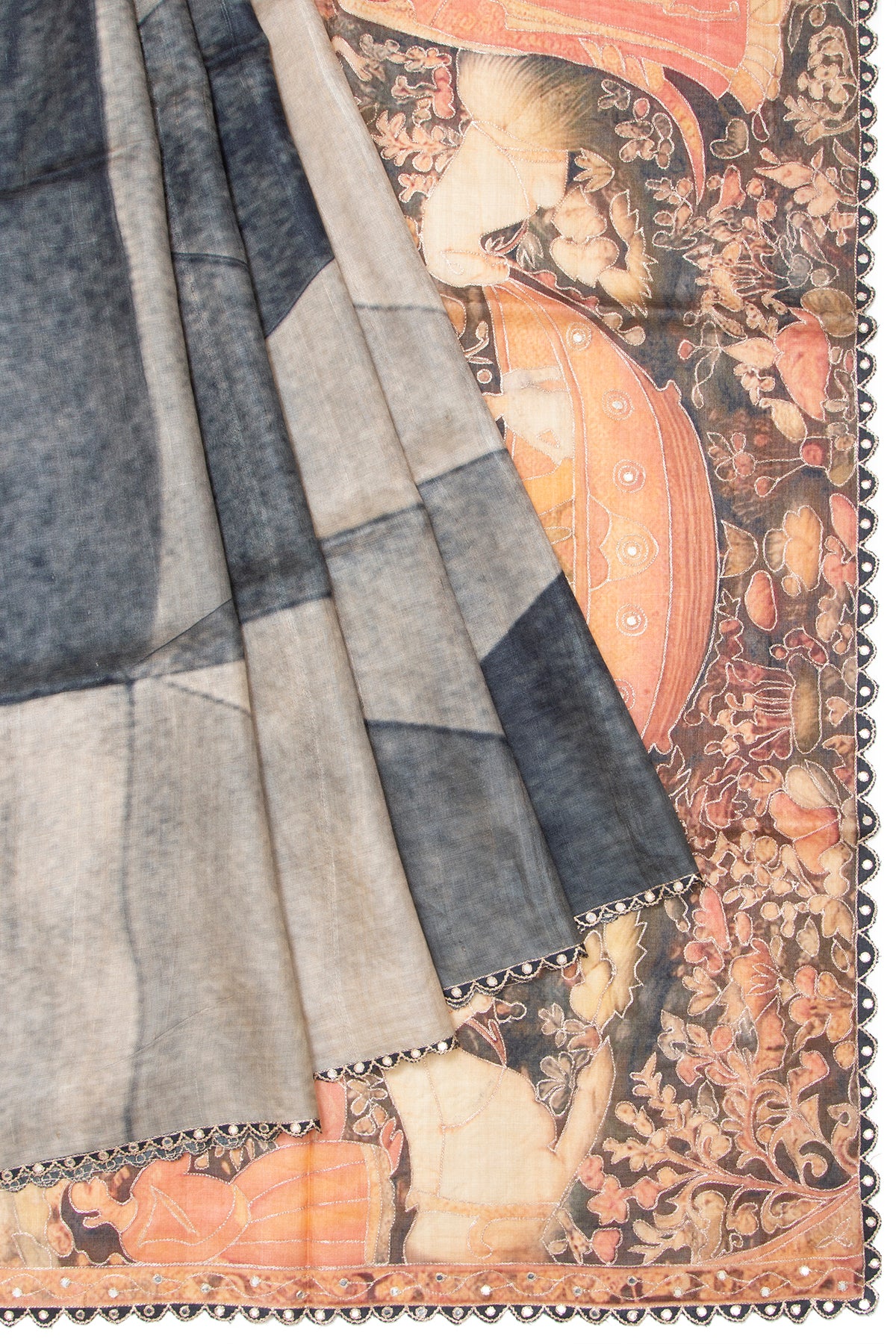 Tussar Printed Black And White Saree