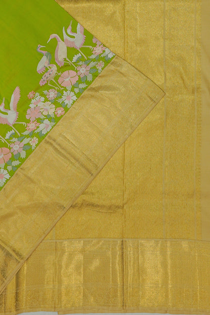 Kanchipuram Silk Plain Parrot Green Saree With Embroidery