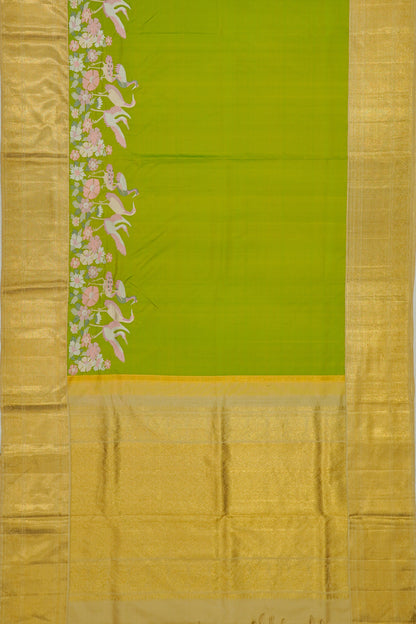 Kanchipuram Silk Plain Parrot Green Saree With Embroidery