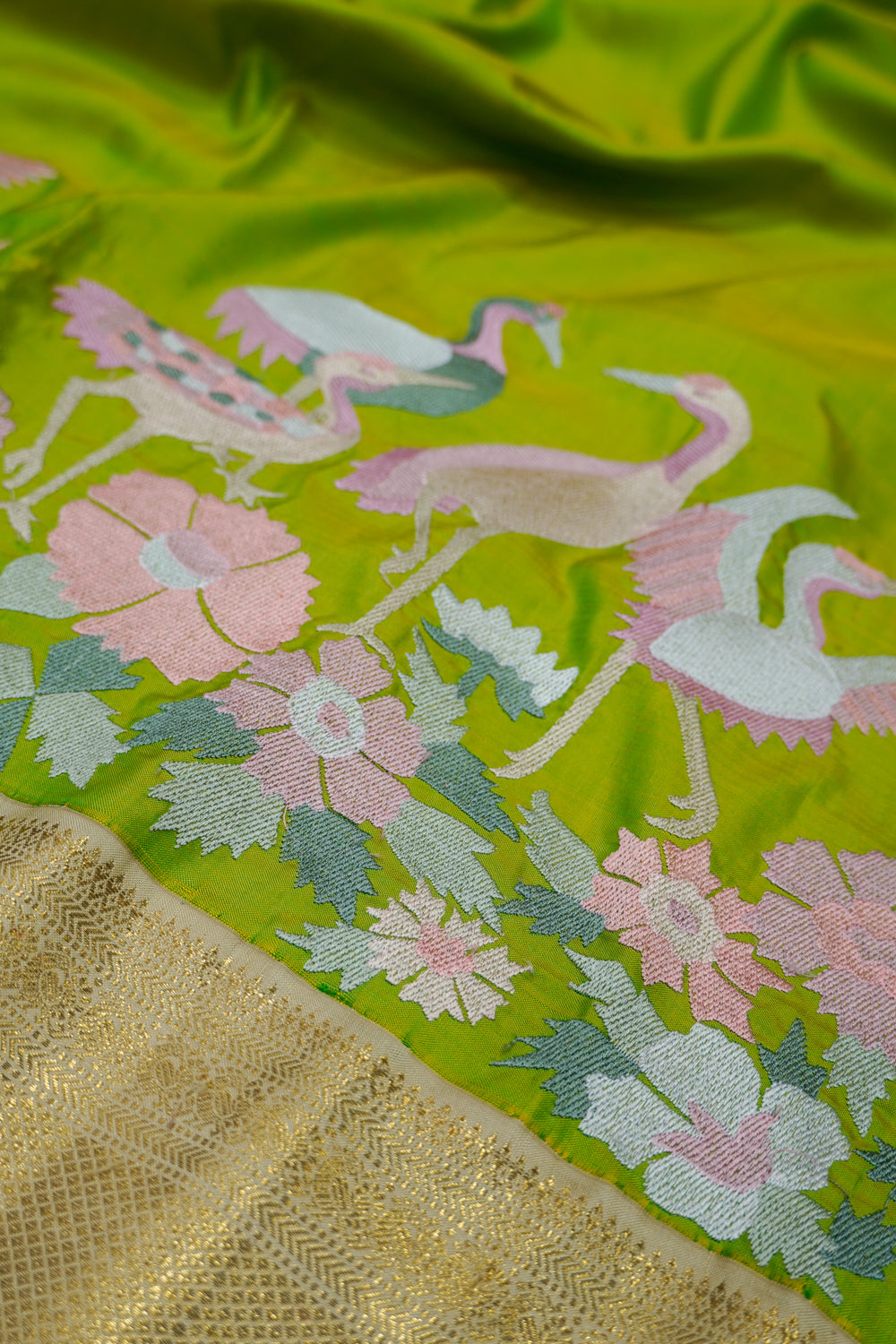 Kanchipuram Silk Plain Parrot Green Saree With Embroidery