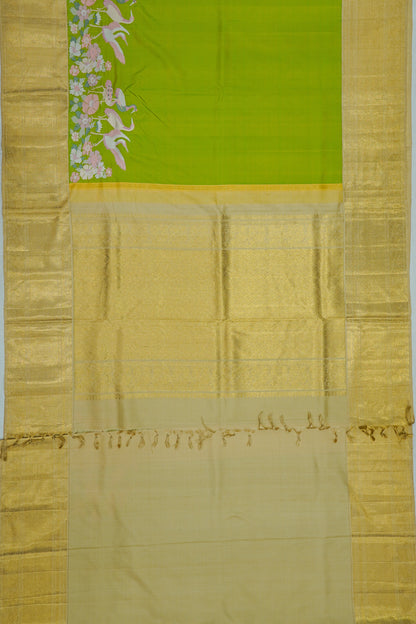 Kanchipuram Silk Plain Parrot Green Saree With Embroidery