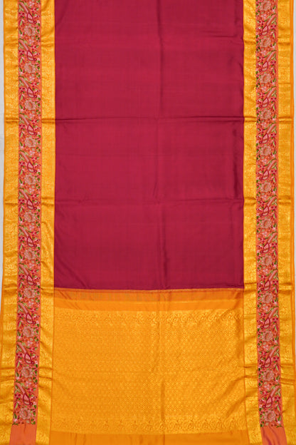 Kanchipuram Silk Plain Maroon Saree With Embroidery Border