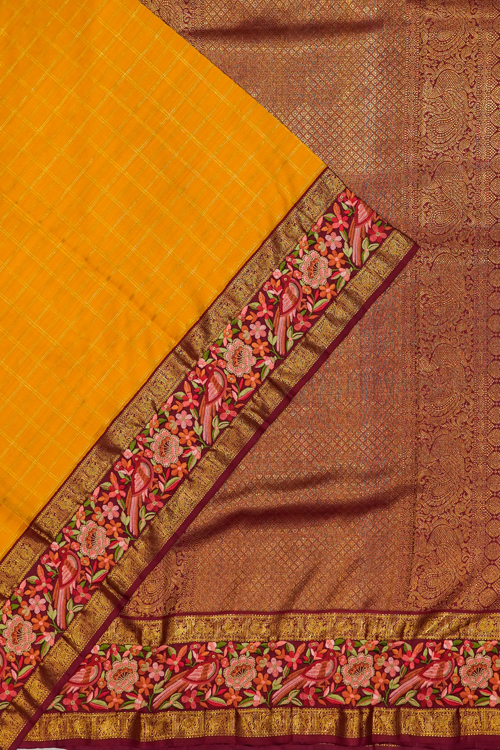 Kanchipuram Silk Checks Mustard Yellow Saree With Embroidery Border