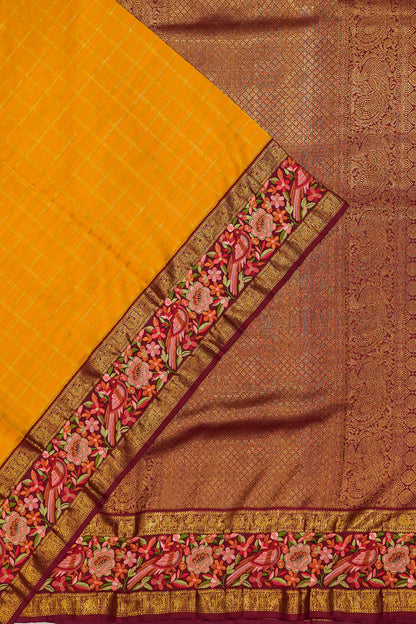 Kanchipuram Silk Checks Mustard Yellow Saree With Embroidery Border