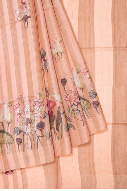 Tussar Vertical Lines Floral Printed Peach Saree