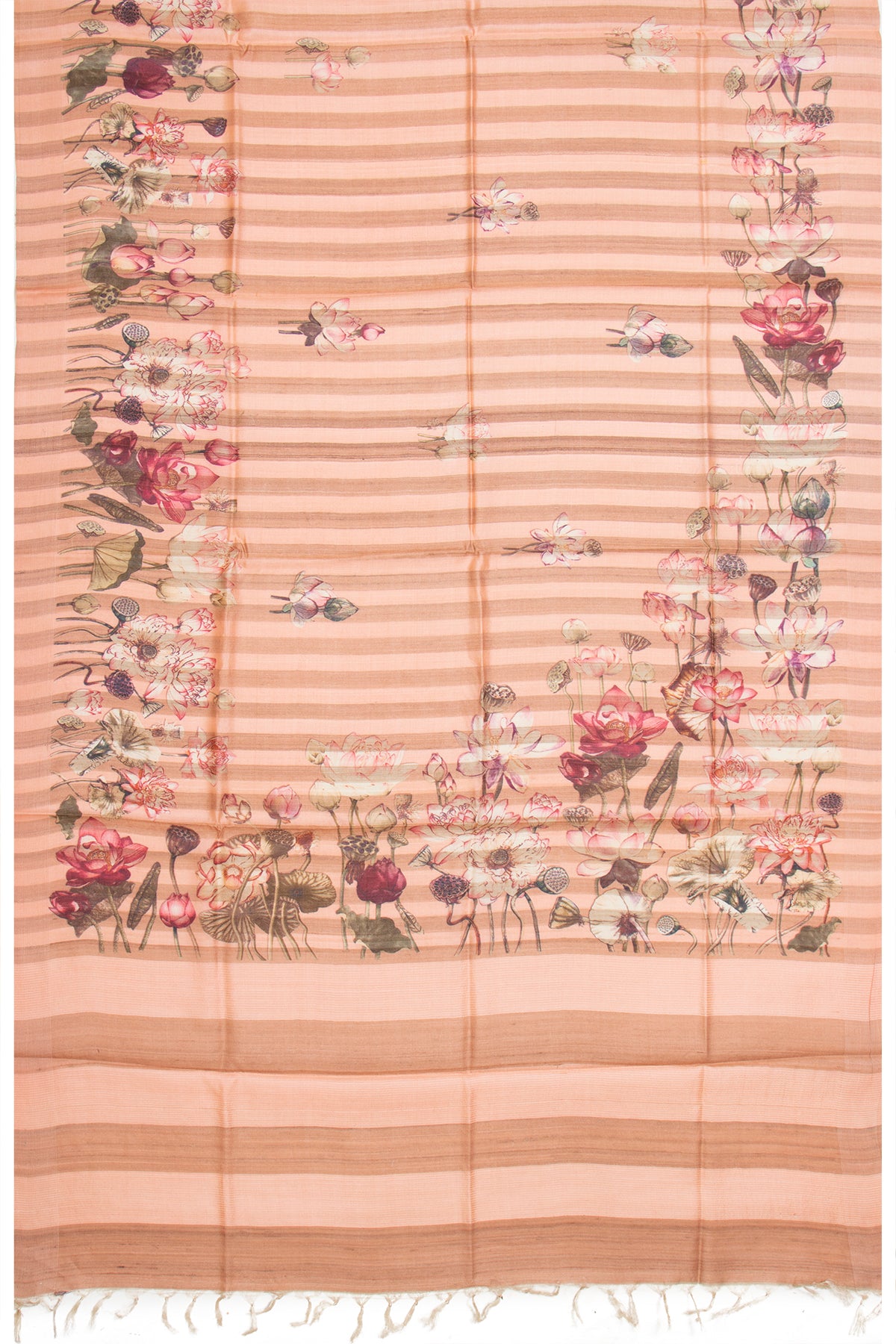 Tussar Vertical Lines Floral Printed Peach Saree