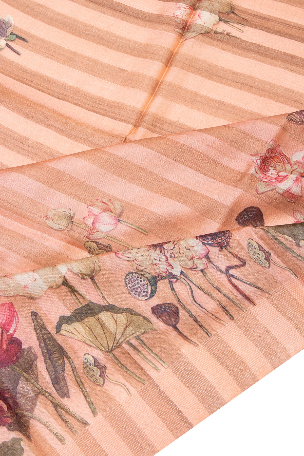 Tussar Vertical Lines Floral Printed Peach Saree