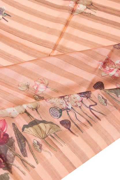Tussar Vertical Lines Floral Printed Peach Saree