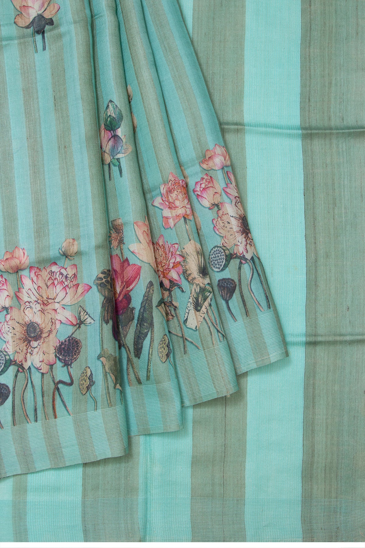 Tussar Vertical Lines Printed Sea Green Saree