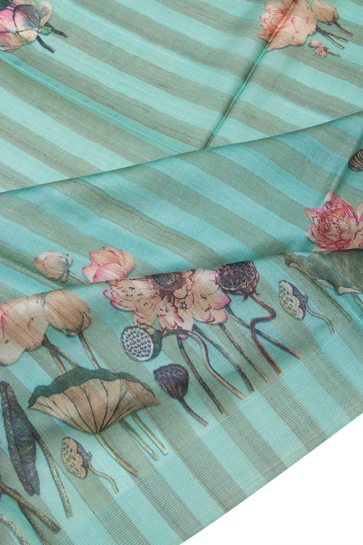 Tussar Vertical Lines Printed Sea Green Saree