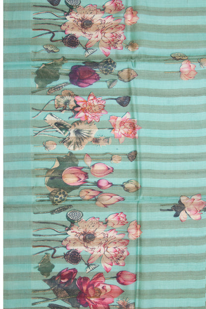 Tussar Vertical Lines Printed Sea Green Saree