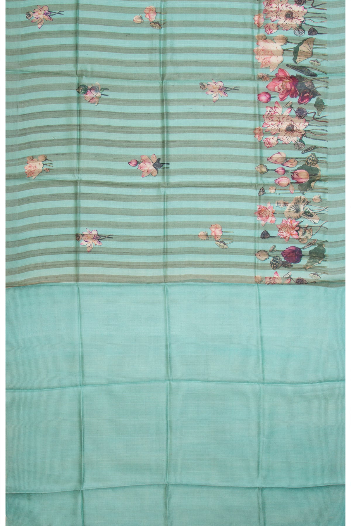 Tussar Vertical Lines Printed Sea Green Saree