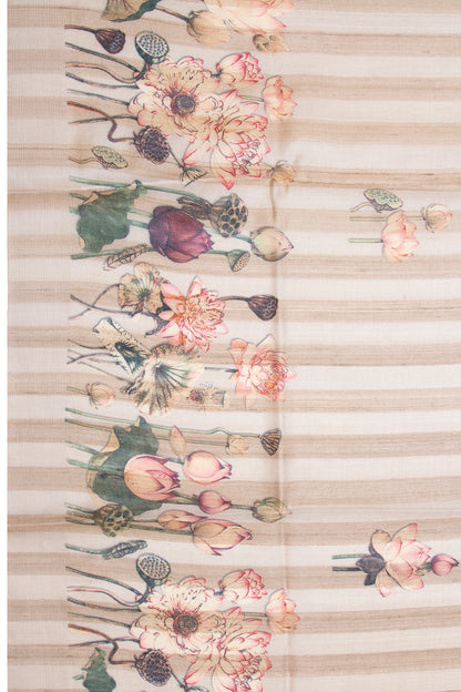 Tussar Vertical Lines Floral Printed Grey Saree