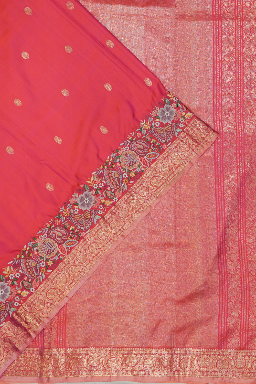 Kanchipuram Silk Butta Dual Tone Pink And Orange Saree With Embroidery