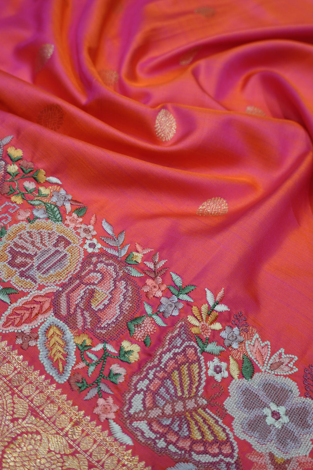 Kanchipuram Silk Butta Dual Tone Pink And Orange Saree With Embroidery