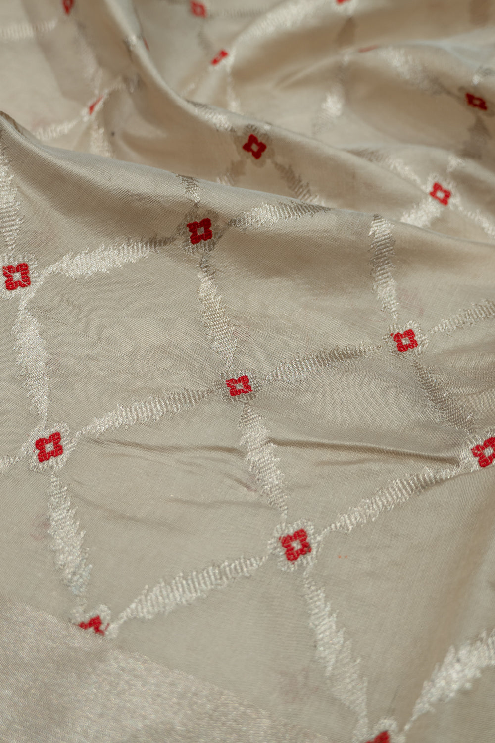Pure Chanderi Silk Criss Cross Checks Off White Saree