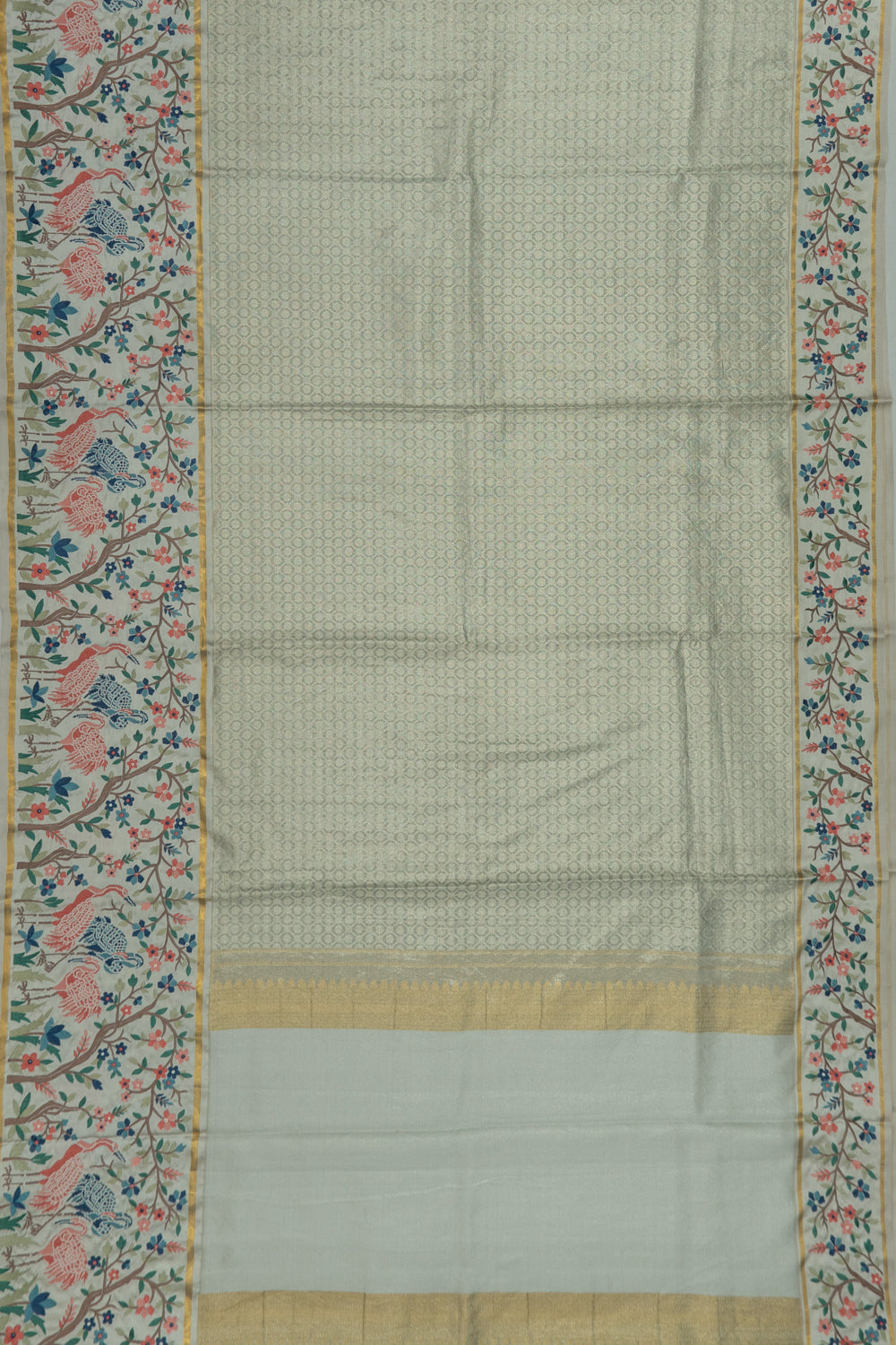 Kanchipuram Silk Tissue Criss Cross Checks And Butta Off White Saree With Embroidery Border