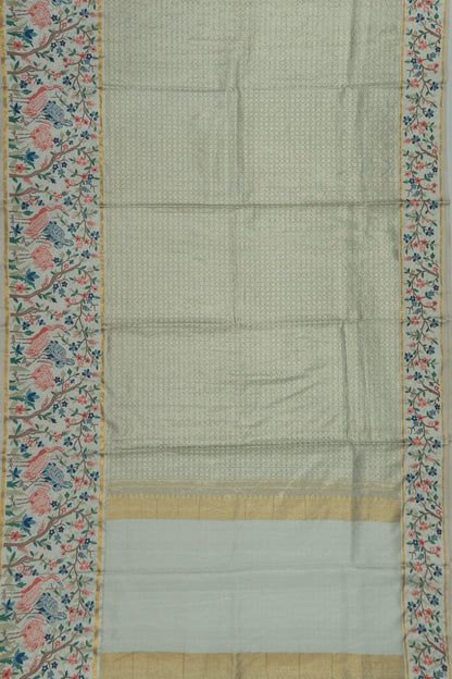 Kanchipuram Silk Tissue Criss Cross Checks And Butta Off White Saree With Embroidery Border