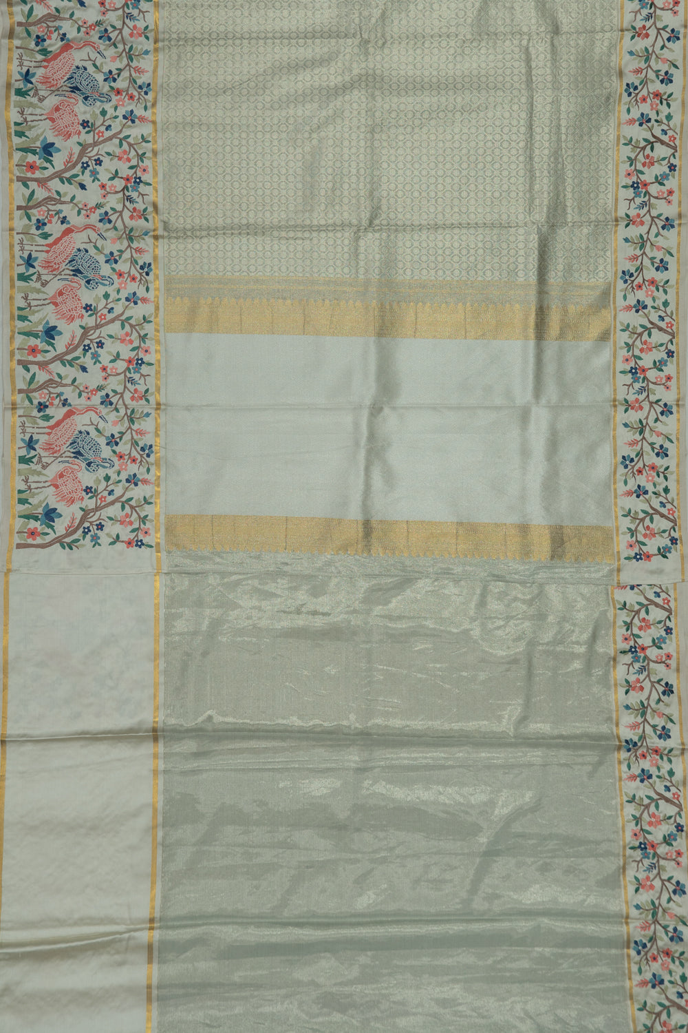 Kanchipuram Silk Tissue Criss Cross Checks And Butta Off White Saree With Embroidery Border