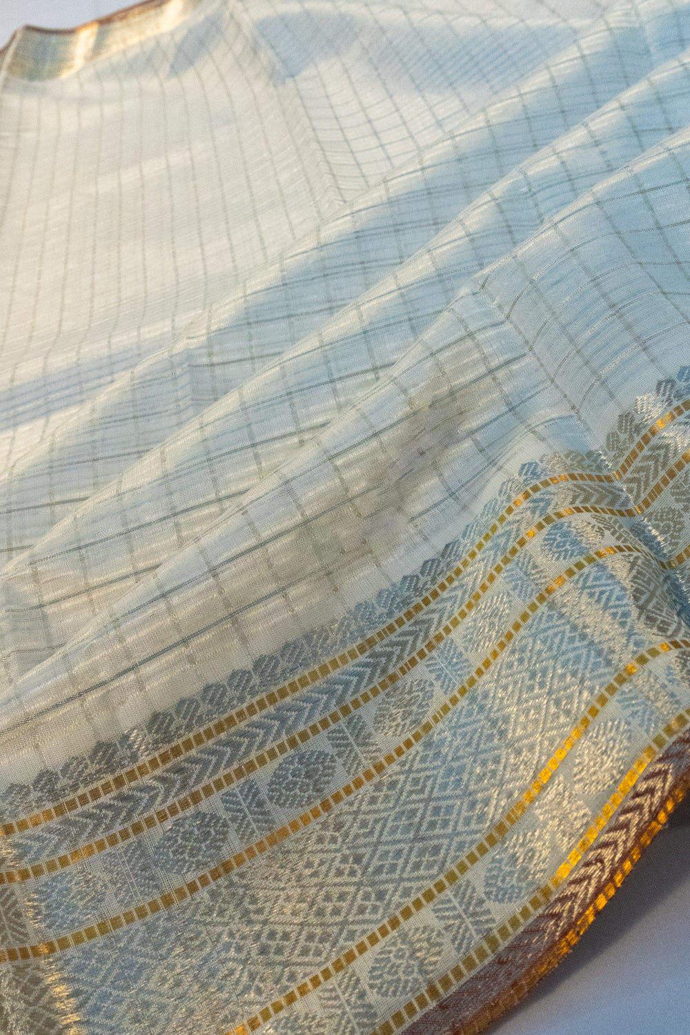 Chanderi Kora Organza Checks White Saree With Zari Border 1214033496