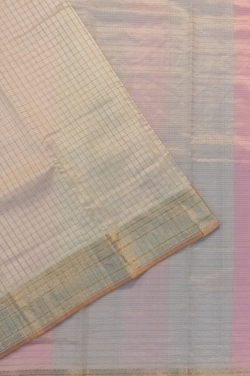 Chanderi Kora Organza Checks White Saree With Zari Border