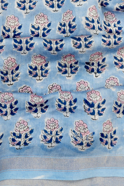 Chanderi Cotton Floral Printed Pastel Blue Saree