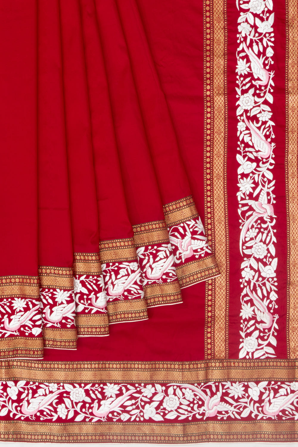 Parsi Gara Banarasi Silk Plain Pinkish Red Saree