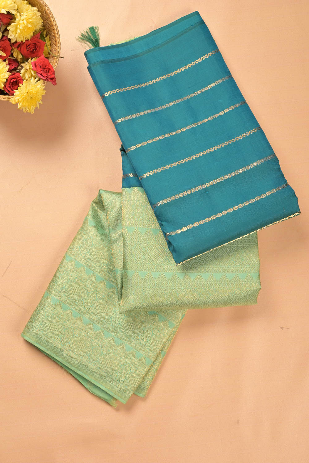 Kanchipuram Silk Half And Half Horizontal Lines And Brocade